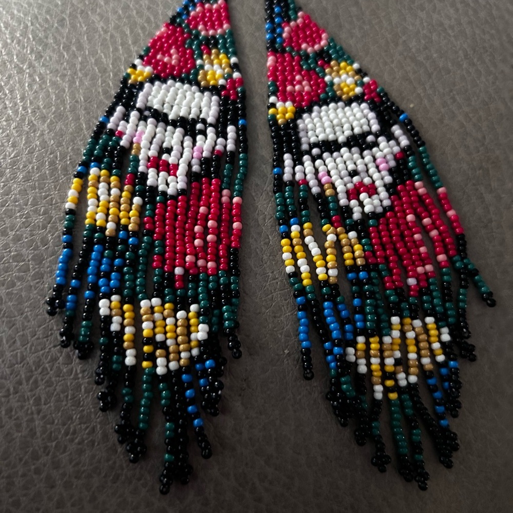 Colorful Beaded Dangle Frida Kahlo Art Earrings